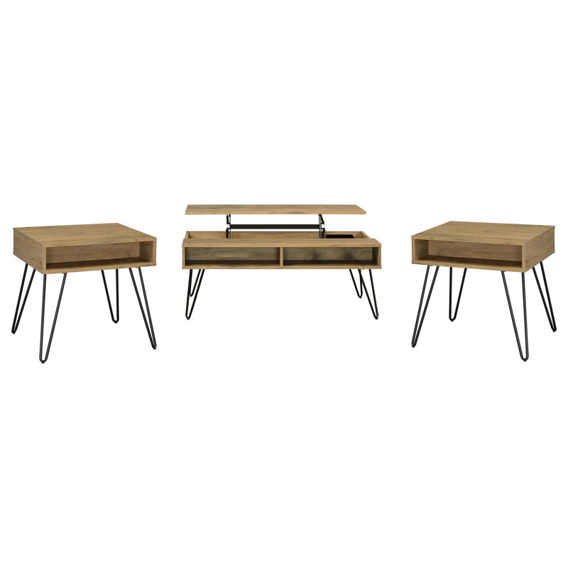 Fanning 3-Piece Lift Top Coffee And End Table Set Golden Oak, 3 Pieces: 2 End Tables, Coffee Table