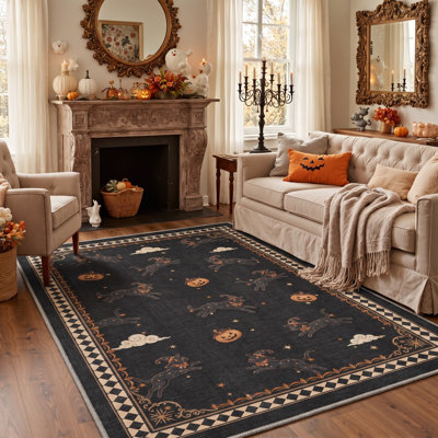 Tapis d'Halloween avec chat sorcière, noir et orange, lavable à la machine, à poils courts, antidérapant