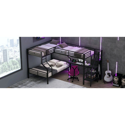 Twin Over Full L-Shaped Bunk & Loft Bed, Built-In Wardrobe And Desk With Usb