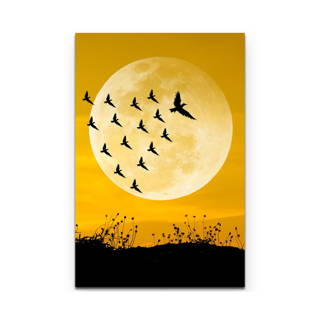 Leinwandbild Großer Vollmond mit Vogelsilhouetten