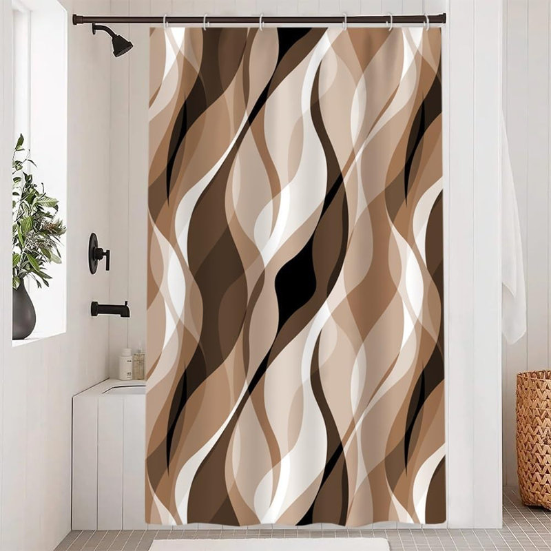 Pack of 1 Modern Abstract Striped Shower Curtain Set with Hooks, Brown, 182.88cm H x 91.44cm W