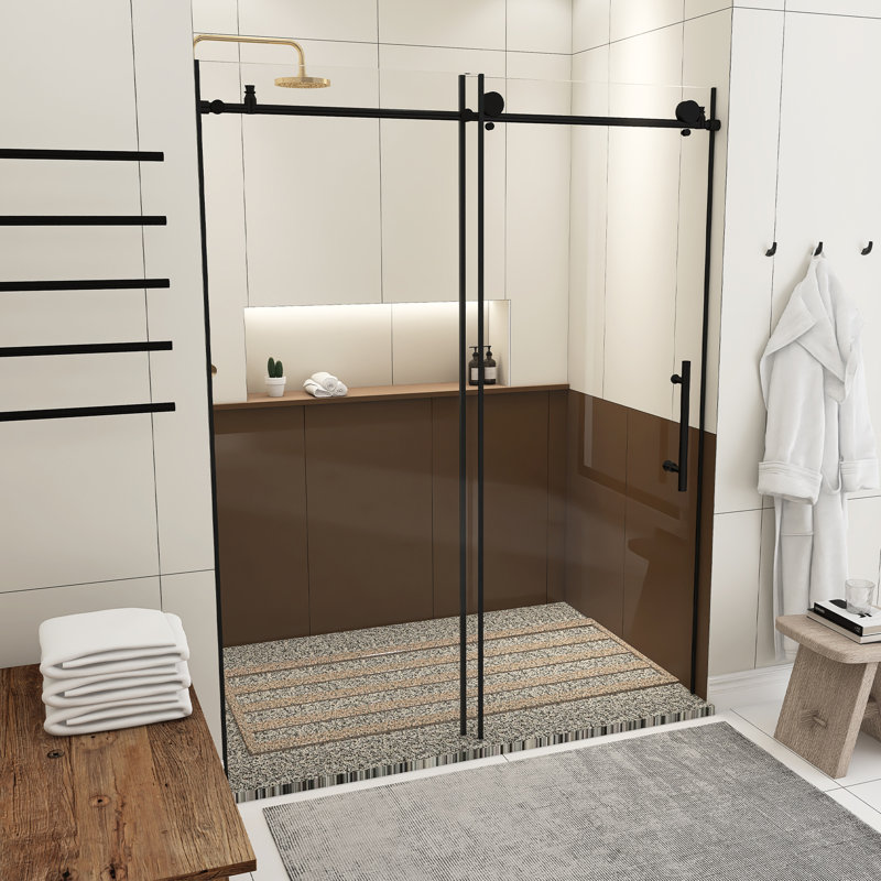 56-60.In W X 76.In H Frameless Shower Door Single Sliding,1/4 In Thick Clear Tempered Glass, Explosion Proof Film, Stainless Steel Handle,
