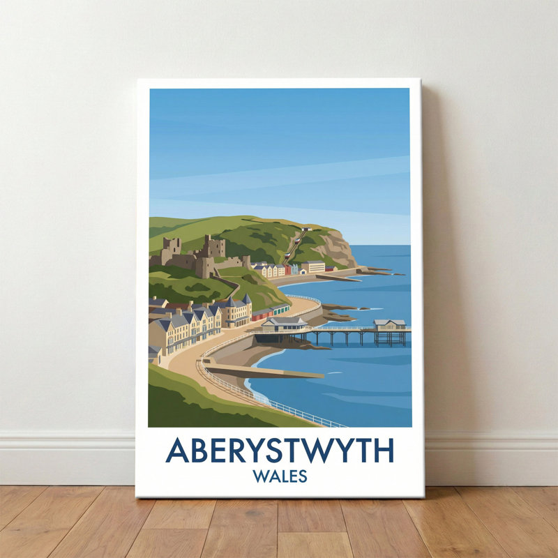 Aberystwyth, Wales - Coastal Romance Travel Poster: Castle, Pier And Cardigan Bay. Giclee Print On Wrapped Canvas. Wall Art, Home Decor - Cities & Towns, Wales - Wrapped Canvas Print