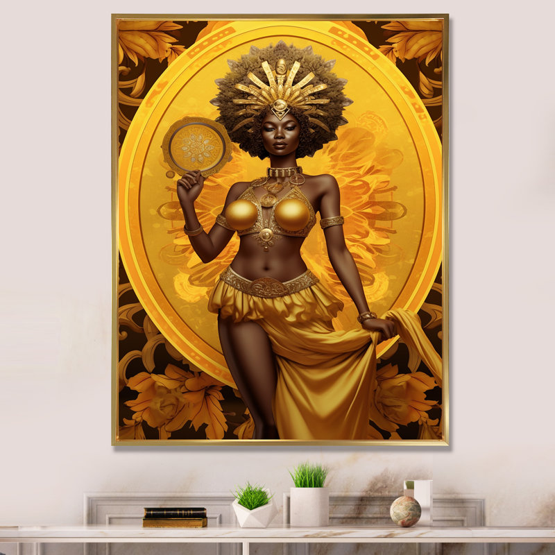 Orisha Oshun avec miroir déesse africaine - art mural femme afro-américaine, H 32 po x l 24 po x P 1 po, Cadre flottant doré