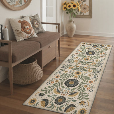Clermont Verdant Boho Floral Sage Ochre Machine Washable Area Rug