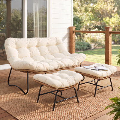 Outdoor Oversized Loveseat with Ottoman, PE Wicker Double Lounge Chair for Patio, Porch, Balcony, Garden