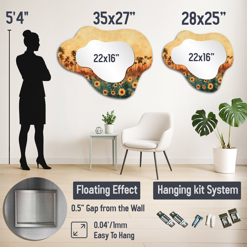 Sunflowers Brown Harvest Glow I - Sunflowers Asymmetrical Wall Mirror, Traditional Vanity Mirror, Printed on Metal, 27" x 35"