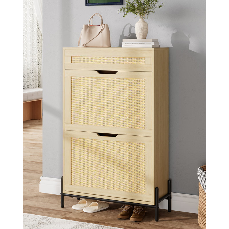 Slim Wooden Entryway Shoe Cabinet with Two Flip Drawers, Space-Saving Freestanding Shoe Storage Organizer with Rattan Panels, Modern Closed Shoes Rack for Hallway, Foyer and Apartment, Oak