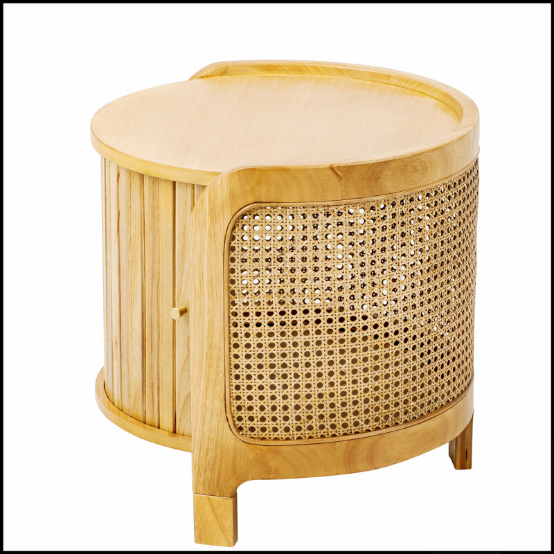 Table basse ronde pivotante moderne en rotin avec rangement dissimulé, idéale pour les espaces de vie élégants et fonctionnels.