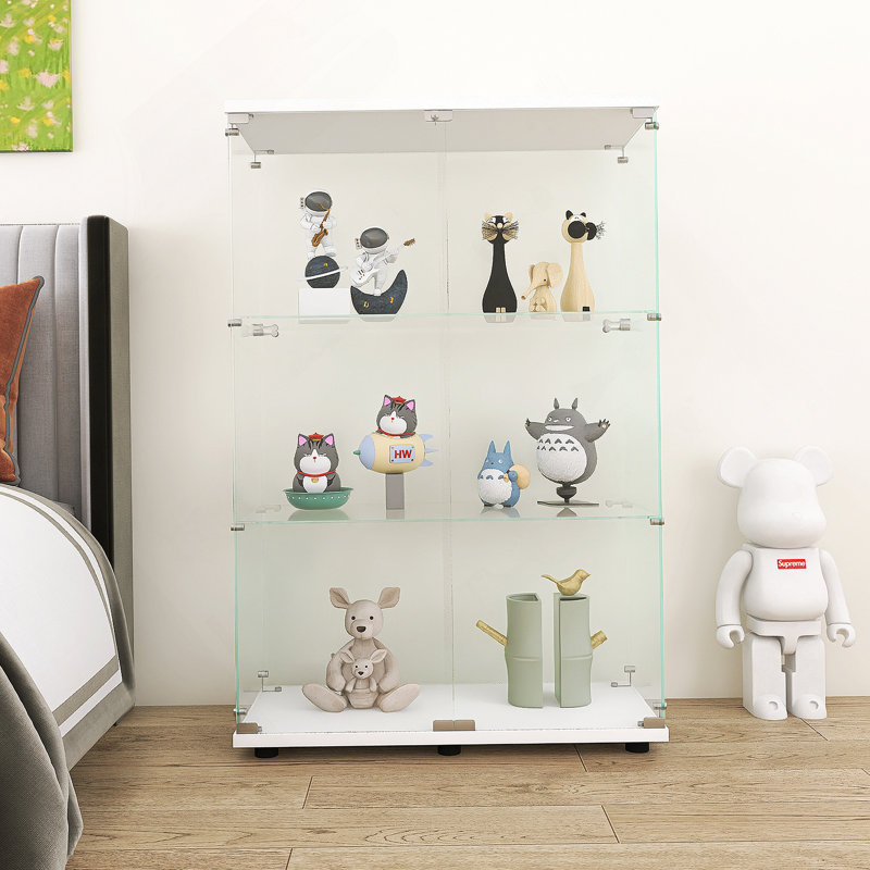 Vitrine à 2 portes en verre avec 3 tablettes et porte, bibliothèque sur pied pour exposer diverses collections