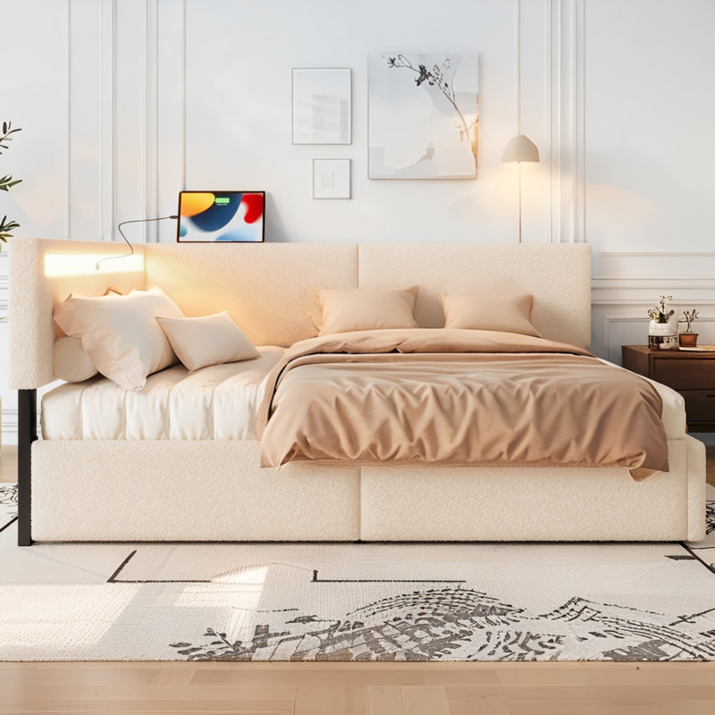 Lit de jour rembourré Boucle avec 2 tiroirs de rangement, lit d'angle moderne avec lumière DEL et conception de chargement USB