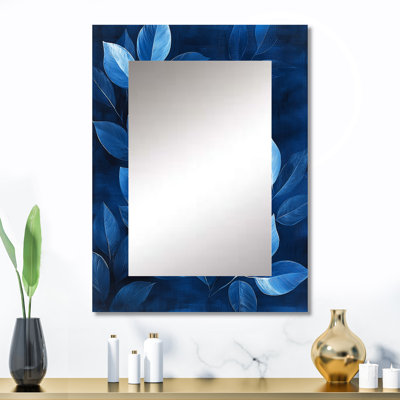 Bleu marine feuilles Echoes of the Forest Floor I - miroir mural feuilles, miroir décoratif traditionnel, impression d'art en métal
