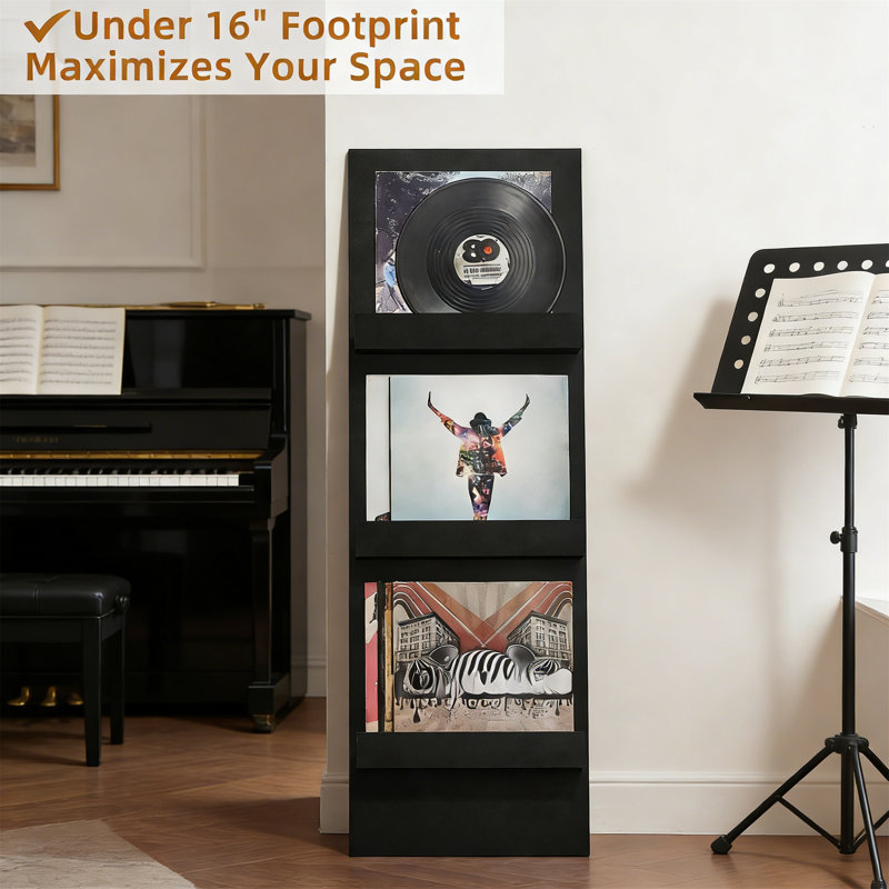 Wall Mount 3-Tier Vinyl Record Holder, 47.5" Tall, For Albums And Magazines, Black, ‎Black