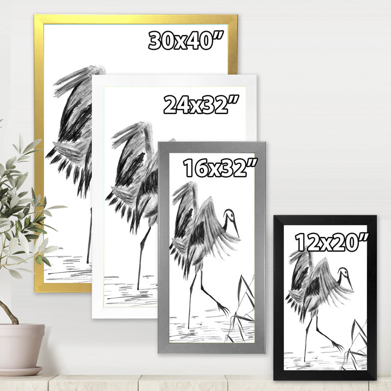Grue japonaise japonaise, peinture sur toile encadrée, H 32 po x l 24 po x P 1 po, Encadrement doré
