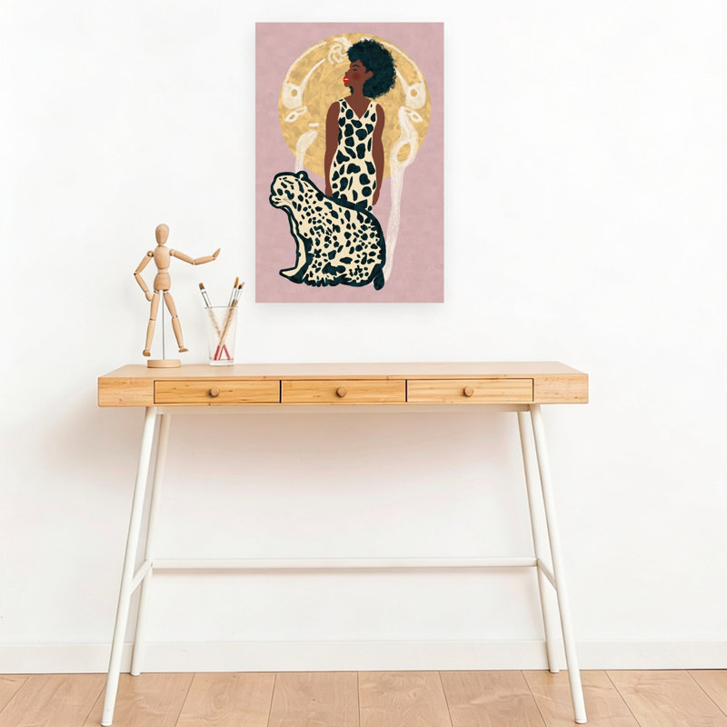 Confident Woman And Leopard Elegant Contemporary Cat Animal Wall Art Print 1 Piece Wrapped Canvas Wall Art