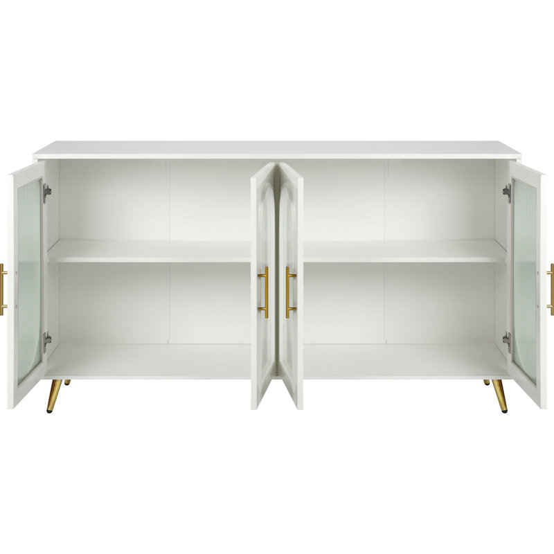 Thanatos 4-Glass Door Faux Wood Storage Cabinet, Antique White