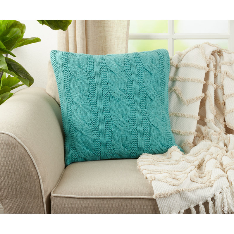 Aryaz Cable Knit Cotton Feather Throw Pillow, Turquoise