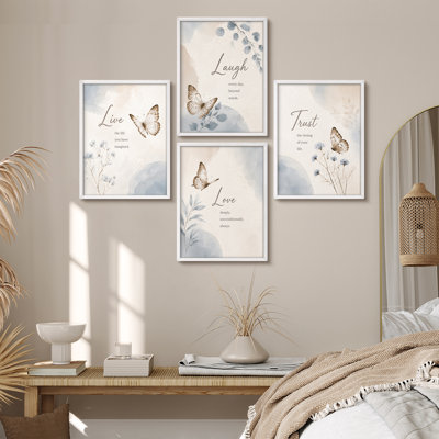 Soft Neutral Beige Blue Butterfly Inspirational Quote Typography Live Laugh Love Trust Botanical Minimal Elegant Framed Wall Art Prints Set of 4 - Bedroom, living room, nursery or hallway decor