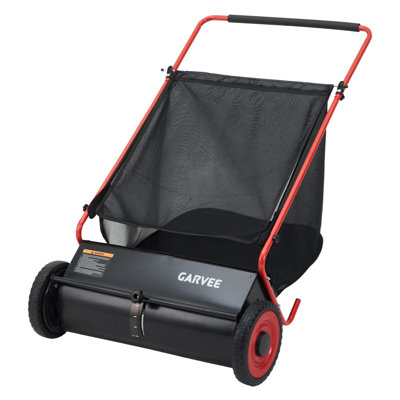 Efficient Yard Cleanup Push Lawn Sweeper – 26-Inch, 4 Fast-Spinning Brushes, Large 7 Cu. ft. Mower, Adjustable Height, Steel Frame, Rubber Tires – Powerful Leaf & Grass Collector – Red + Black