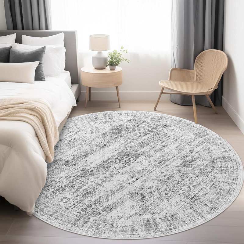 Tapis lavable rétro antidérapant (gris), Rond 9 pi