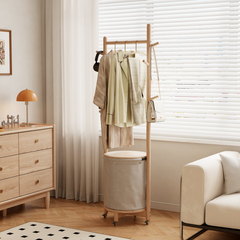 Multifunctional Solid Wood Coat Rack with Removable Laundry Basket – Movable Freestanding Clothes Hanger for Bedroom & Entryway