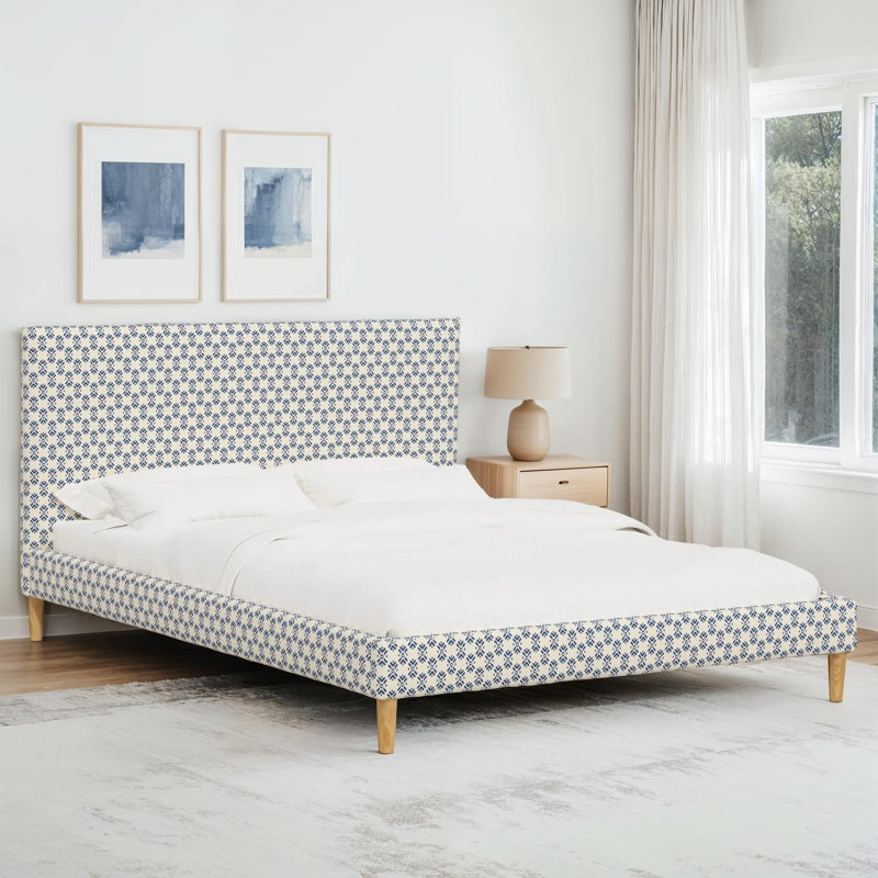 Lit plateforme Olivet, Pauline en coton SM à motif ikat bleu, Très grand