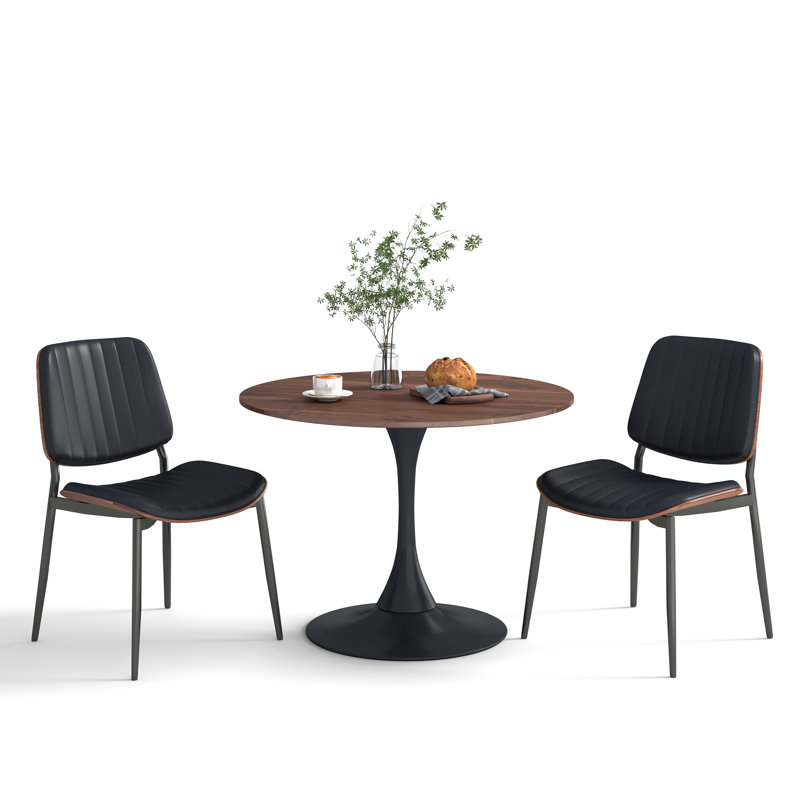 Modern Round 3 Piece Dining Room Table and Chairs Set, Brown, Black, Black