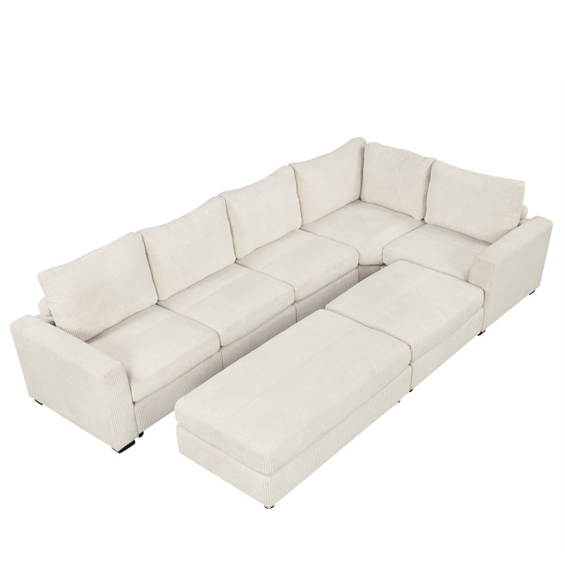 Canapé-lit modulaire 7 pièces avec repose-pieds Solenith, Velours côtelé beige