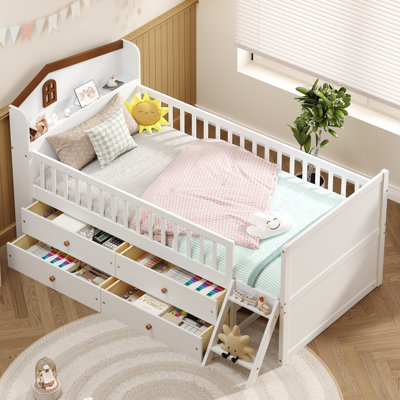 Lit plateforme simple en bois avec 4 tiroirs de rangement, garde-corps et échelle, sans sommier, lit pour chambre d'enfant, blanc