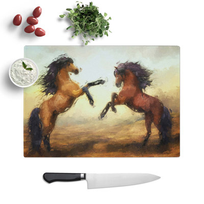 Tempered Glass Two Wild Stallion Horses in Abstract Chopping Board
