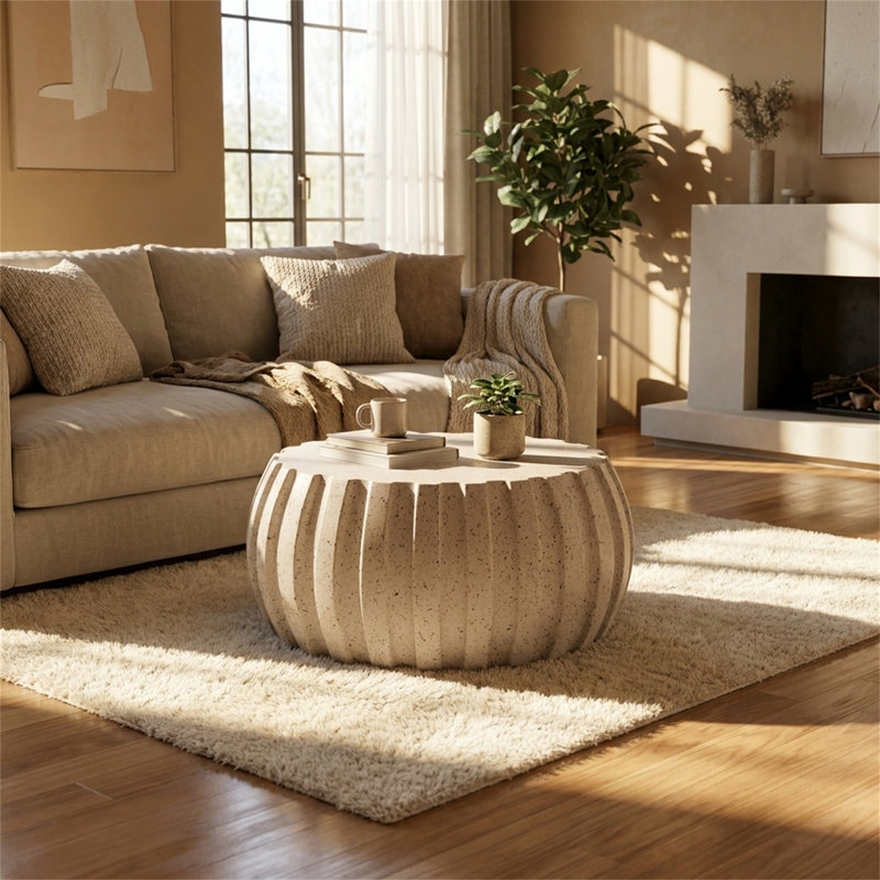 Table basse ronde, idéale pour l'intérieur et l'extérieur, ciment MgO, petite table d'appoint avec décor inspiré des engrenages, blanc plâtre