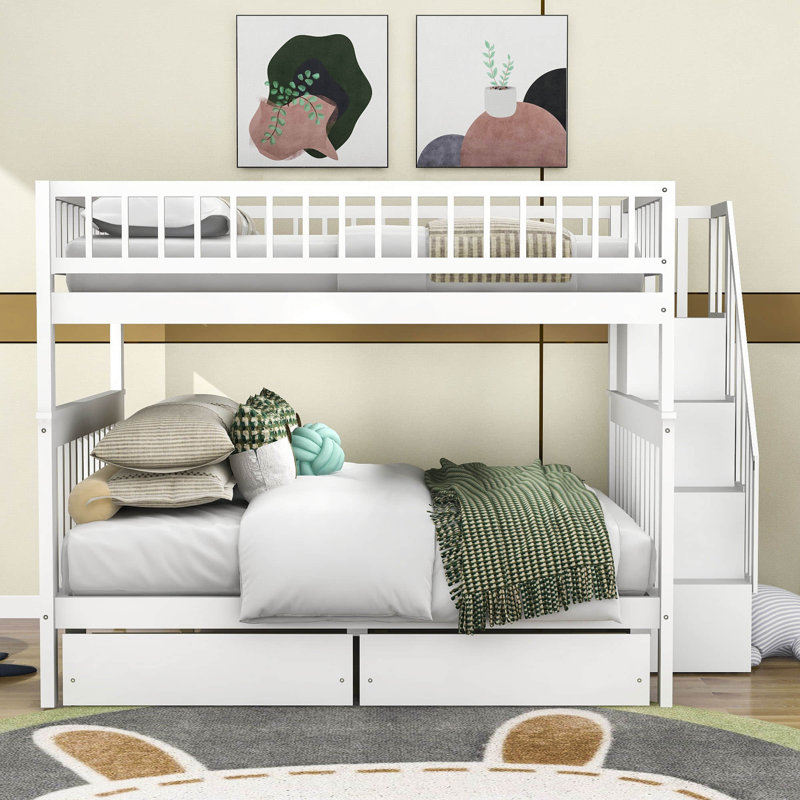 Lit superposé double au-dessus de double, lit superposé en bois avec deux tiroirs et rangement, Blanc