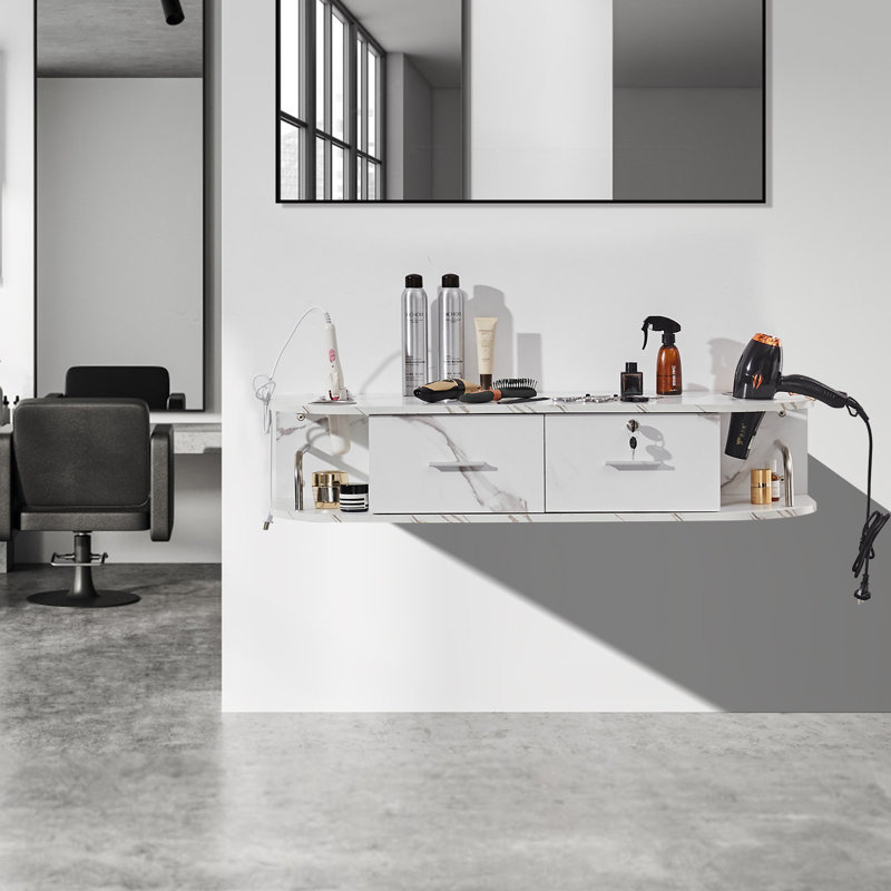 Meuble de salon mural, équipé de 5 supports pour sèche-cheveux, comprenant 2 tiroirs (dont un avec serrure), idéal pour le spa, les salons de coiffure, la maison et la salle de bain, en blanc marbré élégant