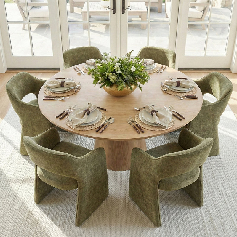 6 - Person Dining Table Sets With Round Table & 6 Upholstered Fabric Chairs, Yellow, Sage Green