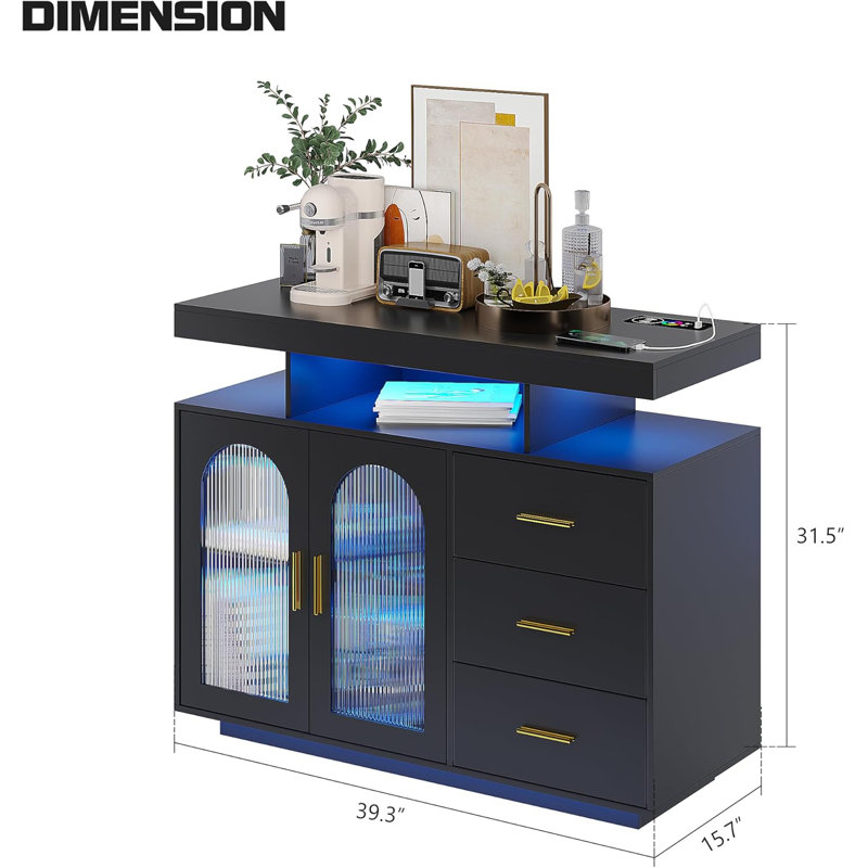 40" LED Buffet Cabinet with Wireless Charging Station,Auto Sensor RGB 20-Color Dimmable Sideboard with Human Body Induction,Sideboards Cabinet with 1 USB&Type-C Port and 3 Drawers