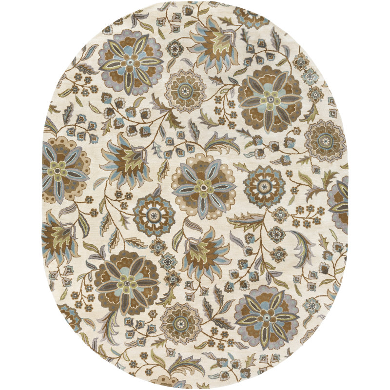 Elsberry Floral Hand-Tufted Wool Demin/Light Gray/Tan Area Rug, Oval 8' x 10'