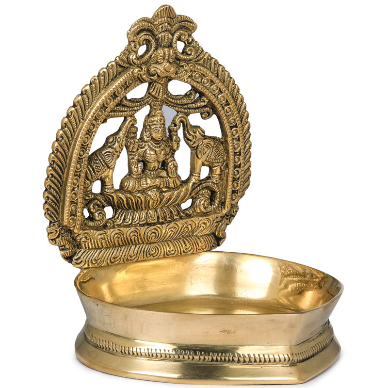 5.5" Gajalakshmi Deepam Brass Oil Lamp Diya - Handmade Elephant Flanked Prosperity Symbol for Puja Altar Decor