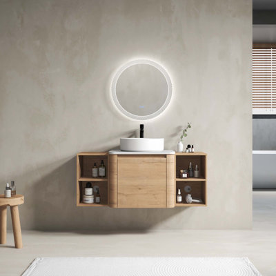 Meuble-lavabo mural avec lavabo d'art en céramique et 2 tablettes de rangement, 2 portes à fermeture douce