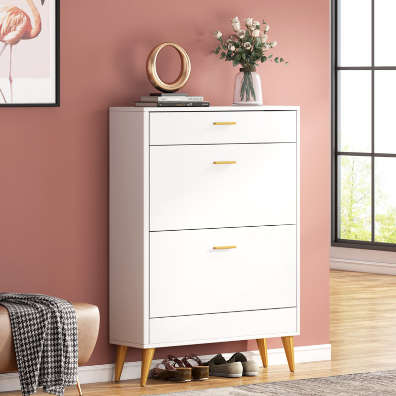 16 Pair Shoe Storage Cabinet, White/Gold