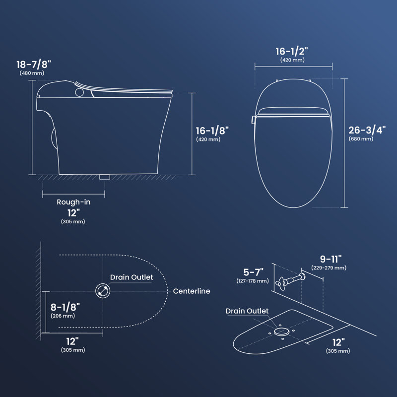 Toilette intelligente CRESTLE avec bidet, chasse d'eau automatique, modes de bidet multiples, séchoir à air, siège chauffant, veilleuse, capteur de pied et plus, télécommande brute de 12 po (télécommande incluse)