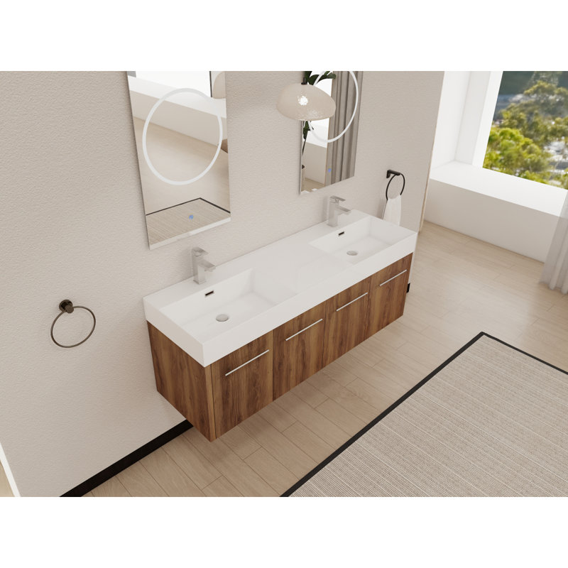 Meuble-lavabo mural de 60 po avec lavabo, lavabo double en résine à rebords épais, ensemble KD