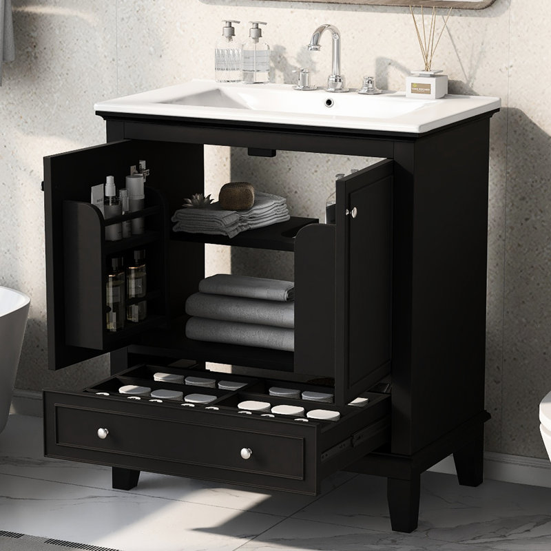 Meuble-lavabo noir 30 po avec lavabo en céramique - armoire et tiroir en bois massif et fonctionnels
