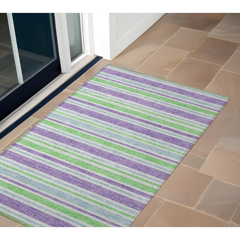 2' X 3' Green Purple and Blue Striped Washable Non Skid Indoor Outdoor Area Rug