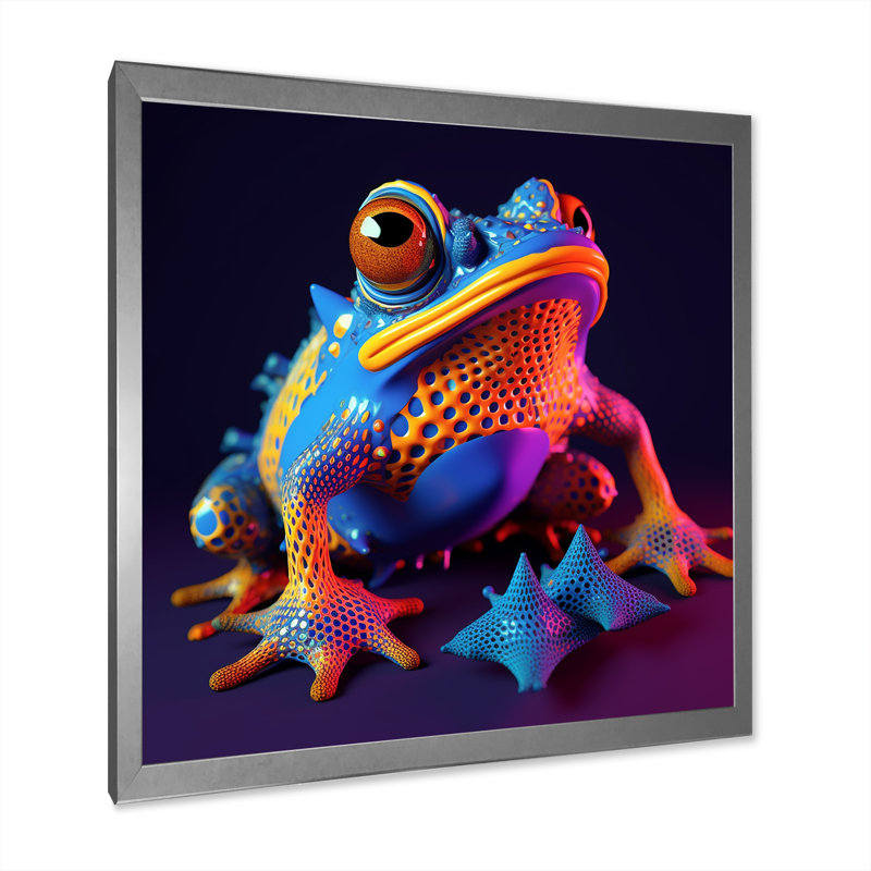 3D Neon Frog I - reproduction sur toile, Cadre simple argenté, H 36 po x l 36 po x P 1,5 po