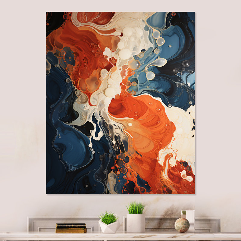 Encre liquide bleue et orange V, art mural abstrait en métal, H 40 po x l 30 po x P 1,5 po