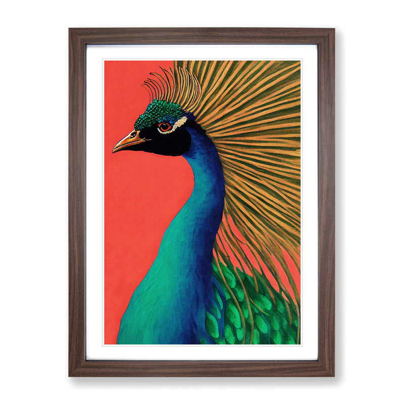 Attractive Peacock - Single Picture Frame Painting, 46cm H x 34cm W x 2cm D, Walnut Framed