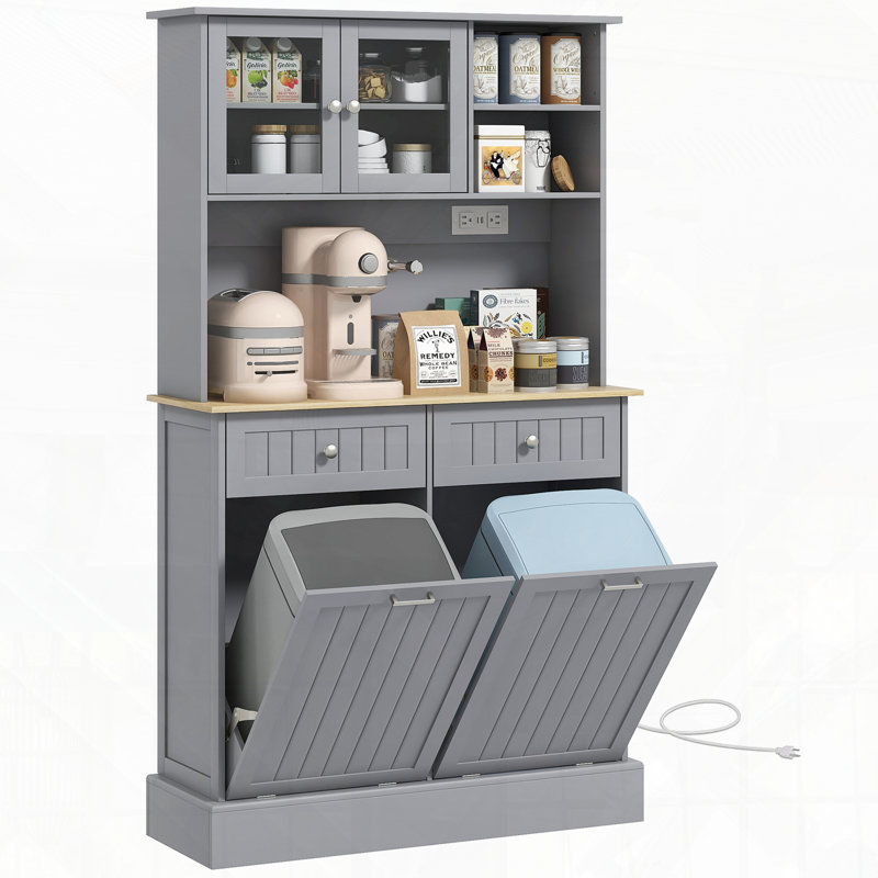 Freestanding Kitchen Pantry with Charging Station Tilt Out Trash Cabinets Microwave Stand Glass Doors Adjustable Shelf