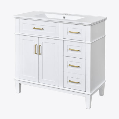 Meuble-lavabo moderne 36 po avec lavabo en céramique blanc, portes à fermeture douce, 4 tiroirs de rangement, conception élégante pour les petites salles de bain