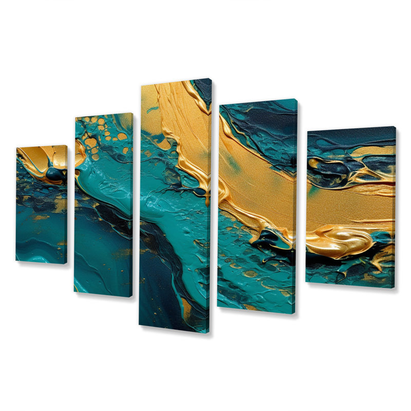 «Golden Sunshine In Deep Blue Ocean Abstract II», reproduction sur toile abstraite - 5 panneaux