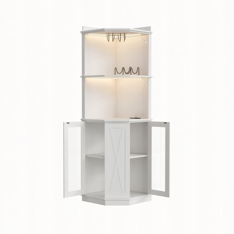 Bar d'angle avec prise de courant, lumières DEL et support en verre, Blanc